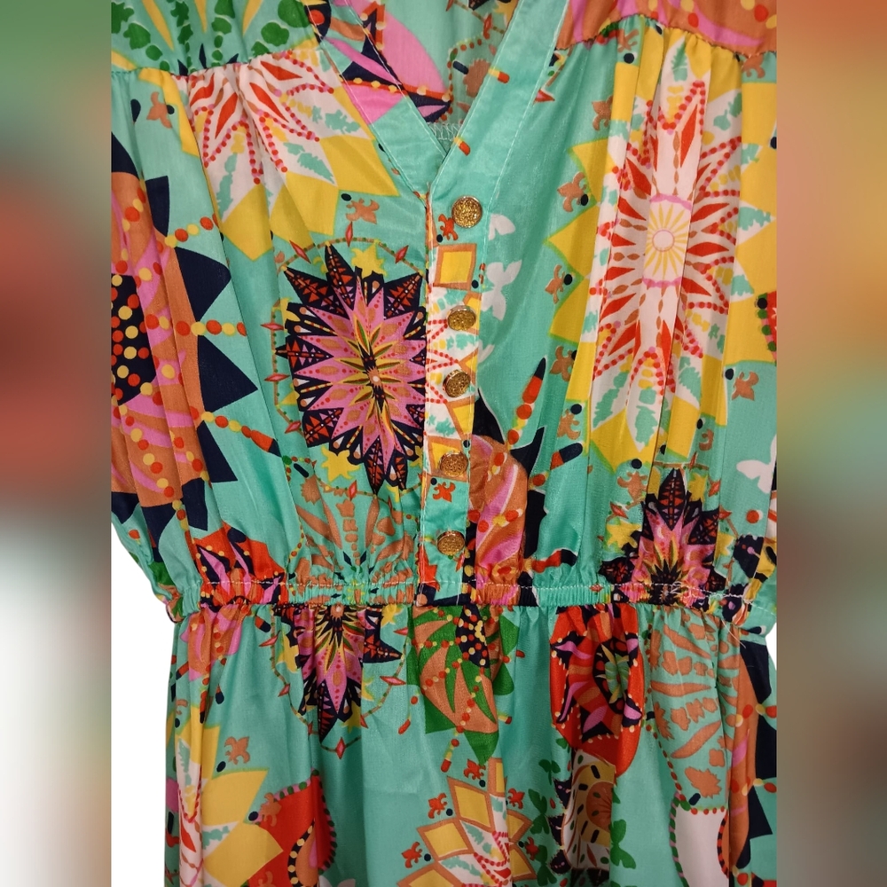 Joy & Co. Sleeveless Mini Dress, Aqua with Multi-Color Print, sz L, EUC! - Picture 4 of 10